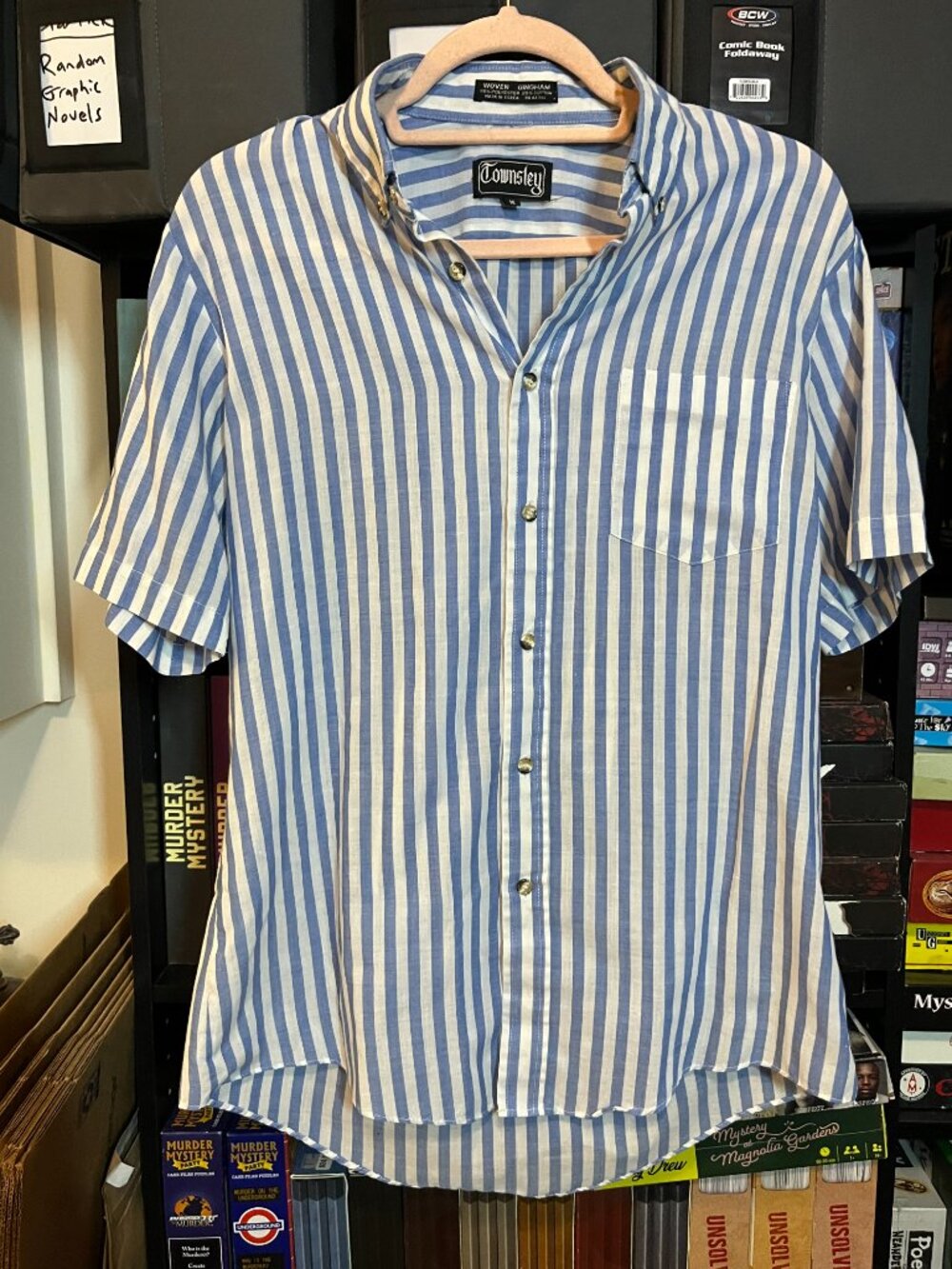Vintage Townsley Blue White Striped Button Up Shirt Mens M Short Sleeve